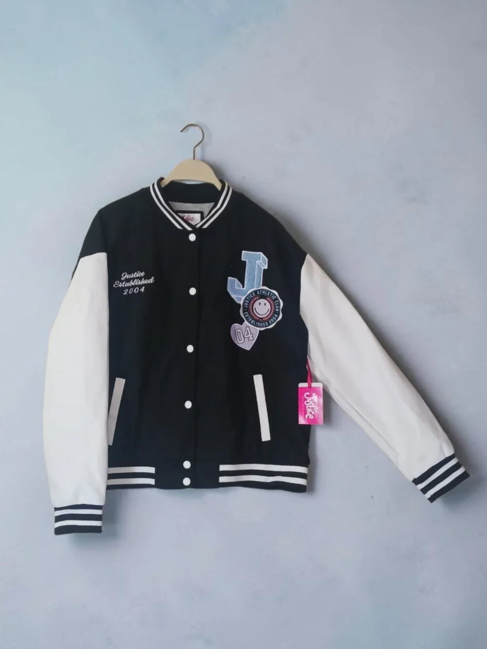 NWT Justice Varsity Bomber Jacket Black White Girls XL Plus 16P/18P